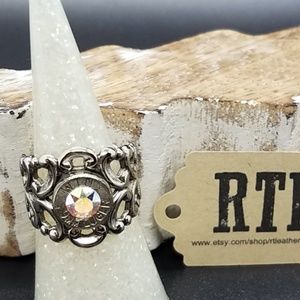 Western Scroll Ring, AB Swarovski Crystal, 9mm Recycled Brass, Adjustab…